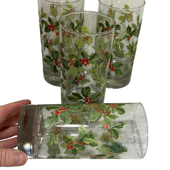 Vintage Libbey glass Christmas water highball glasses green & red holly set of 4 - Picture 6 of 9
